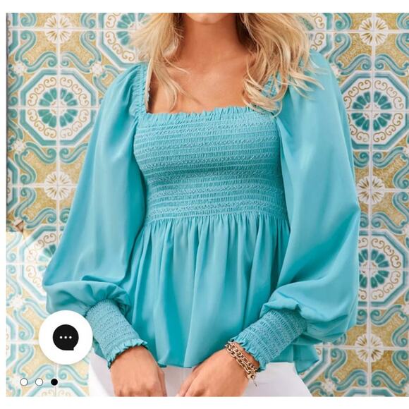 Boston Proper Isabela Smocked Peplum Drama Sleeve Blue Blouse Size XS (2-4) - Picture 5 of 6
